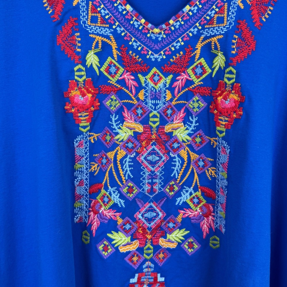 Calessa Embroidered Tunic Top Womens Large Blue Boho Peasant 3/4 Sleeve V-Neck - Picture 8 of 12